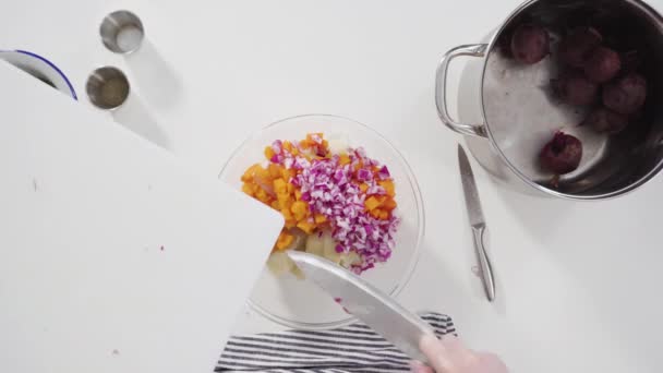 平躺在床上一步一步 在白切菜板上切饼干蔬菜做醋曲菜沙拉 — 图库视频影像