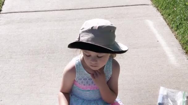 Little Girl Drawing Chalk Sidewalk Summer Day — Stock Video