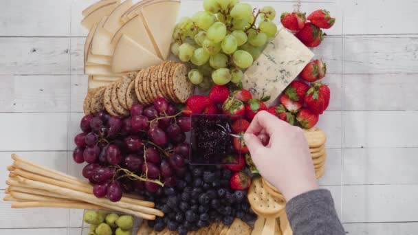 Flat Lay Gourmet Party Cheese Platter Fruit Cheese Crackers — Stock Video
