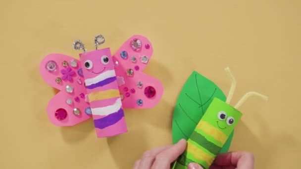 时间流逝 纸筏项目 用空的卫生纸做成五颜六色的虫子 — 图库视频影像