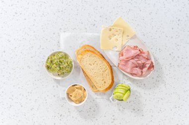 Düz yatıyordu. Jambon, salatalık ve filizli sandviç yapmak için cam karışımında ölçülmüş malzemeler..