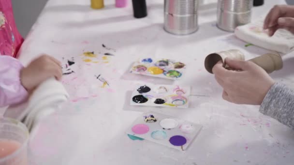Close View Kids Papercraft Making Paper Bugs Out Empty Toilet — Stock videók