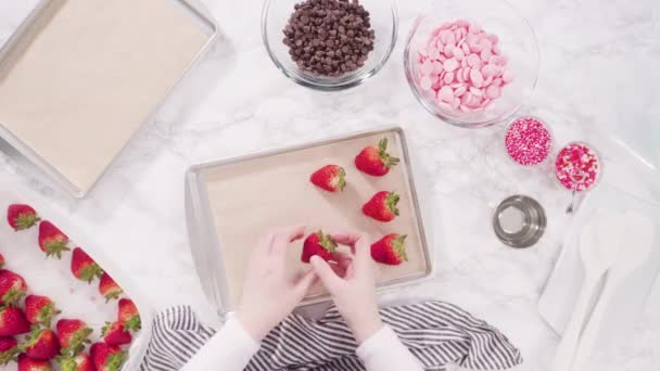 Time Lapse Flat Lay Step Step Arranging Organic Strawberries Baking — Vídeos de Stock