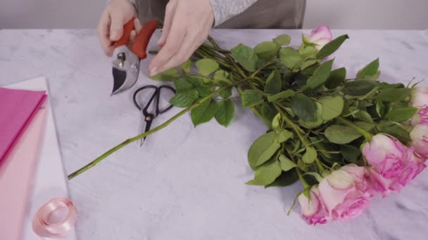 一步一步 花匠用粉红的玫瑰整理花束 — 图库视频影像