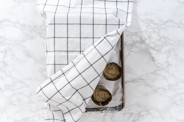 纸巾中不断上升的面团烘焙小型复活节面包 — 图库照片
