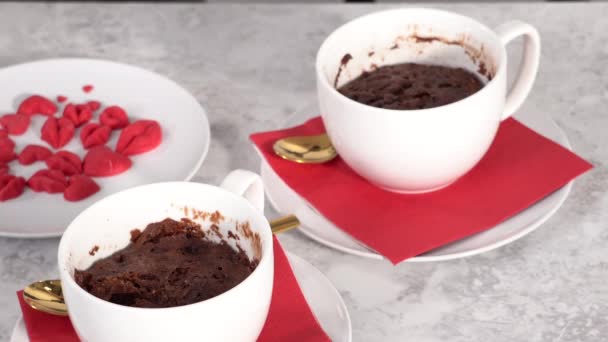Time Lapse Step Step Chocolate Mug Cakes Garnished Whipped Cream — Video Stock