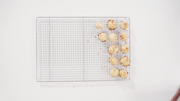 Deitado Cooling Biscoitos Coco Recém Assados Rack Secagem Cozinha — Vídeo de Stock