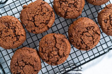 Soğutma dolabında taze pişmiş çift çikolatalı kurabiye..