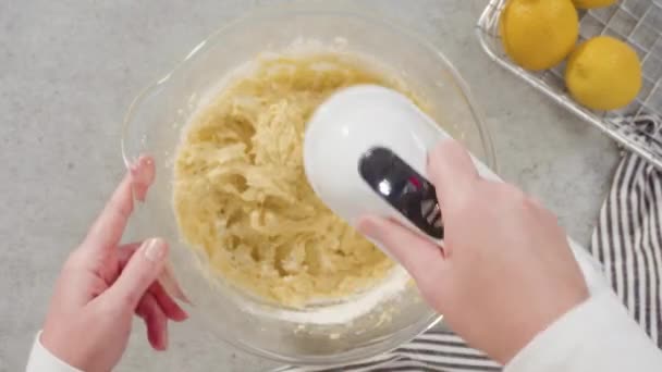 Time Lapse Flat Lay Ingredients Glass Mixing Bowls Bake Lemon — Stock Video