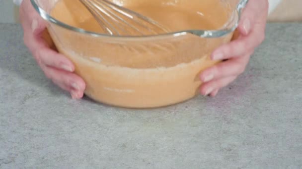 Step Step Mixing Ingredients Glass Mixing Bowl Make Pumpkin Pancakes — Stock Video