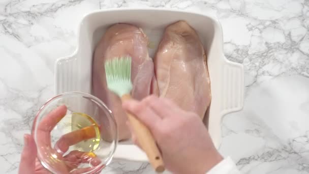 Flat Lay Step Step Seasoning Chicken Salt Pepper Baking Baking — Stock Video