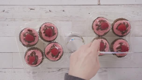 Flat Lay Packaging Gourmet Chocolate Raspberry Cupcakes Clear Plastic Boxes — Stock Video