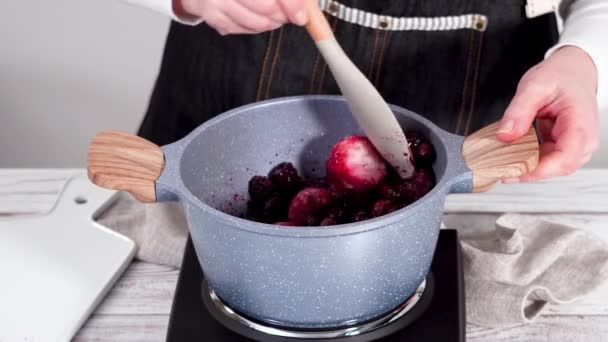 用冷冻浆果在不粘的烹调锅中配制混合果子酱 — 图库视频影像