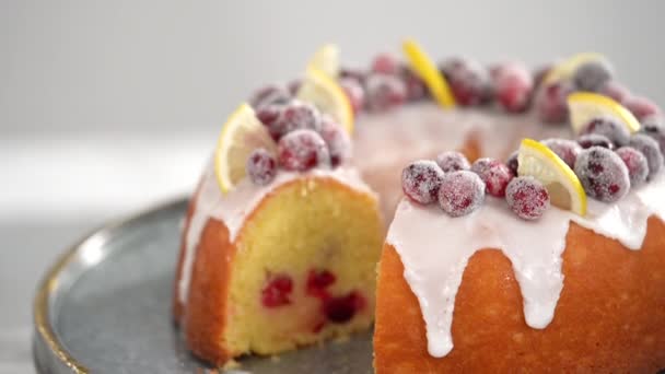 一歩ずつ 砂糖クランベリーとレモンウェッジで飾られたレモンクランベリーバンドケーキをスライス — ストック動画