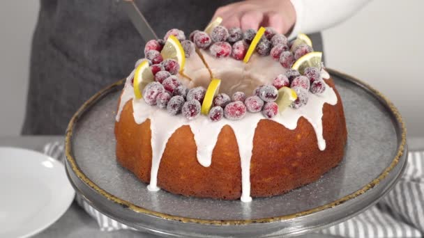 一步一步 用糖果仁和柠檬片装饰的柠檬覆盆子蛋糕 — 图库视频影像