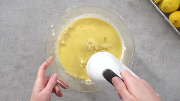 Flat Lay Step Step Mixing Ingredients Glass Mixing Bowl Prepare — Stock Video