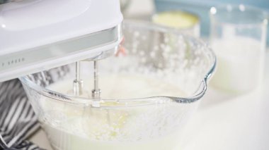 Ev yapımı hindistan cevizli dondurma hazırlamak için karıştırma kabındaki malzemeleri karıştırıyorum..