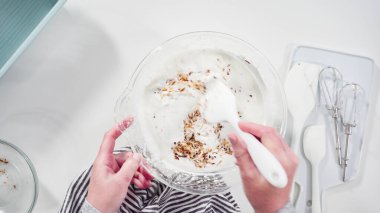 Düz yatıyordu. Ev yapımı hindistan cevizli dondurma hazırlamak için karıştırma kabındaki malzemeleri karıştırıyorum..