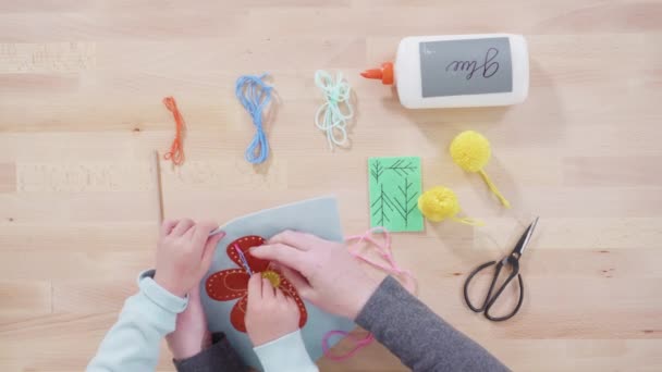 Flat Lay Little Girl Learning How Sew Her Mother Craft — Stok video