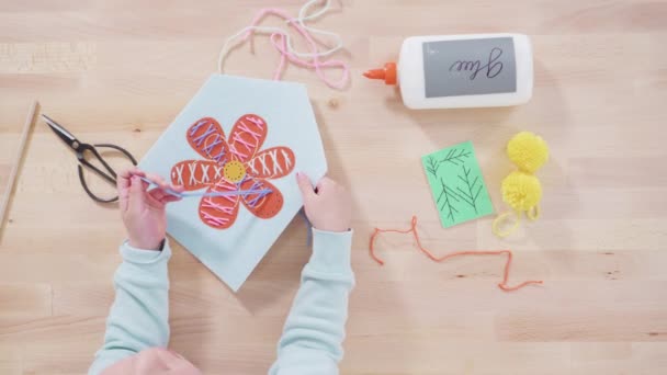 Flat Lay Little Girl Learning How Sew Her Mother Craft — Stock video