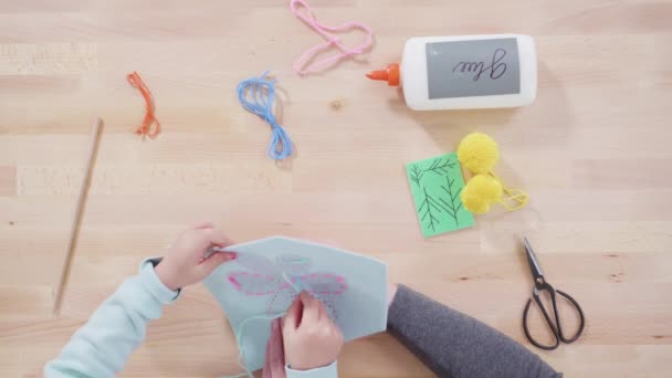 Flat Lay Little Girl Learning How Sew Her Mother Craft — 图库视频影像