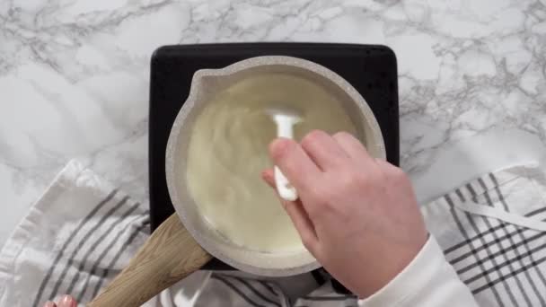 Time Lapse Flat Lay Preparing Chocolate Ganache Small Saucepan — Vídeo de Stock