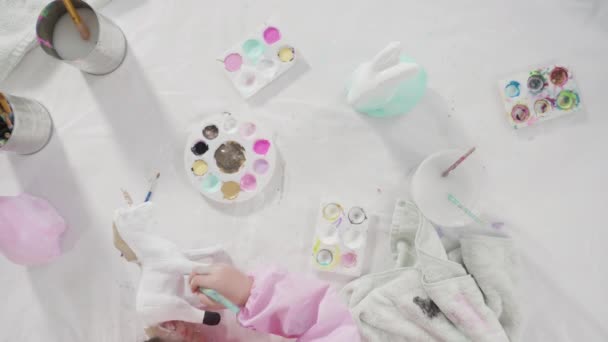 Flat Lay Little Girl Painting Paper Mache Figurine Homeschooling Art — Stock Video