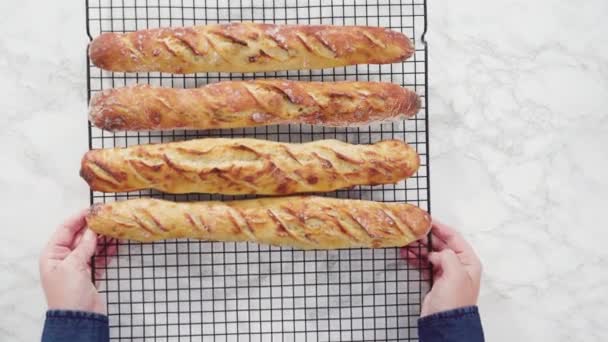 Düz Yatıyordu Taze Pişmiş Küçük Fransız Ekmeği — Stok video
