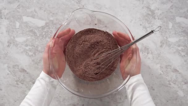 Acostado Mezclar Ingredientes Para Hornear Cupcakes Chocolate Arcoíris Unicornio — Vídeo de stock