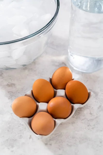 Measured Ingredients Glass Mixing Bowls Prepare Hard Boiled Eggs — Stock Photo, Image