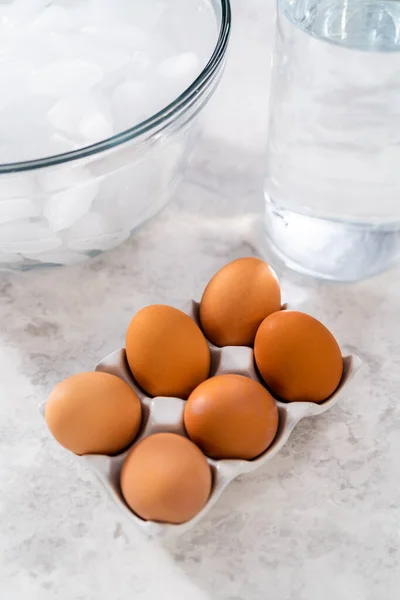 Ingredienti Misurati Ciotole Miscelazione Vetro Preparare Uova Sode — Foto Stock