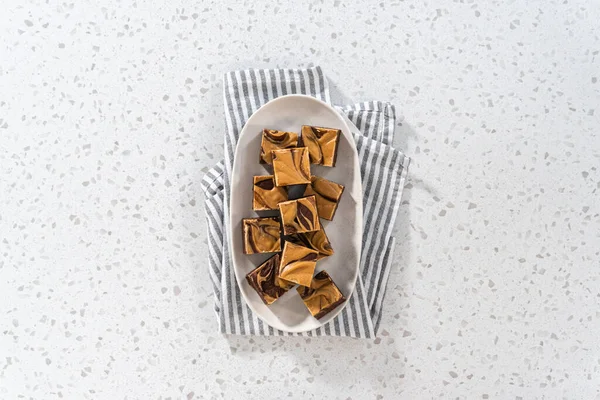 Flat Lay Homemade Chocolate Fudge Peanut Butter Swirl Pieces White — Stock Photo, Image