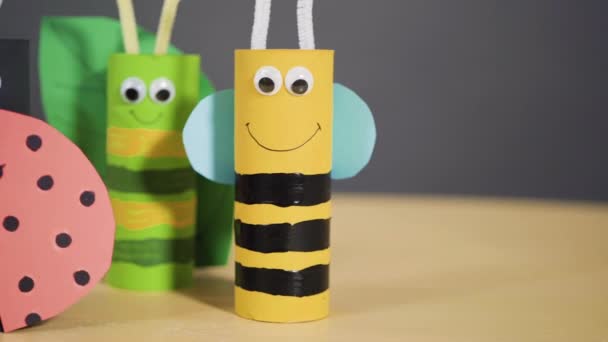 Papercraft Project Colorful Bugs Made Out Empty Toilet Rolls — Stock Video