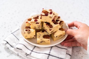 Beyaz seramik tabakta ev yapımı beyaz çikolatalı fındıklı şekerleme parçaları..