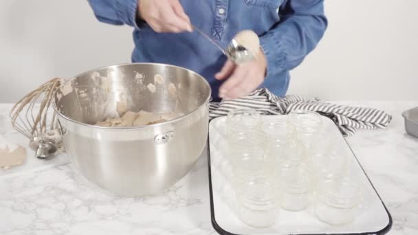 Step Step Scooping Homemade Chocolate Ice Cream Glass Jars — Stock Video