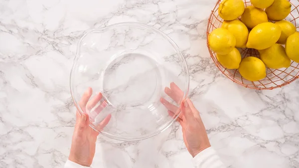 Flat Lay Step Step Zesting Fresh Lemons Glass Mixing Bowl — Stock Photo, Image