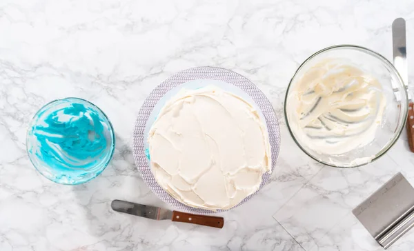Flat Lay Covering Layer Vanilla Cake Buttercream Frosting Create Mermaid — Stock Photo, Image