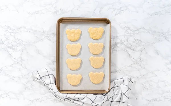 Flat Lay Freshly Baked Panda Shaped Shortbread Cookies Baking Sheet — Stockfoto