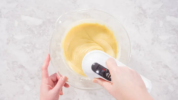 Flat Lay Step Step Mixing Ingredients Glass Mixing Bowl Bake — Stock Photo, Image