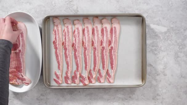 Bacon Bacon Strips Cooking Flat Lay Food Meat Pork Raw — Stok Video