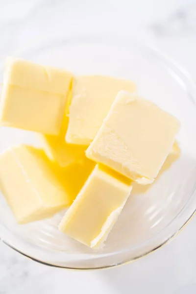 Cubed Sticks Butter Small Glass Mixing Bowl — Stock Photo, Image