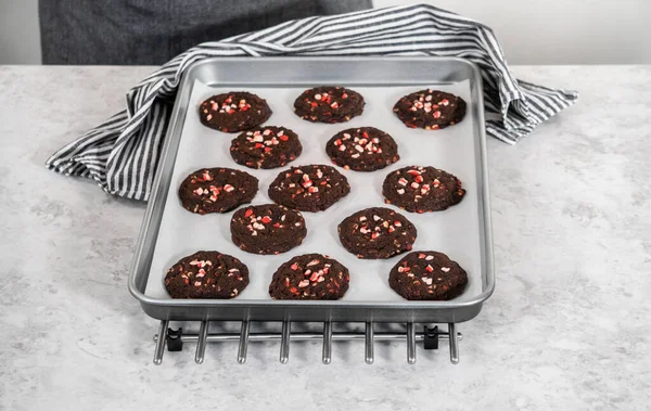 Enfriar Galletas Chocolate Recién Horneadas Con Chips Menta Mostrador Cocina —  Fotos de Stock