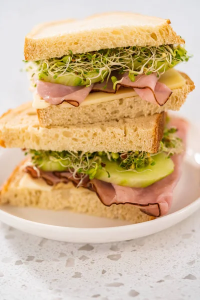 Stack Ham Cucumber Sprout Sandwiches White Plate — Stockfoto