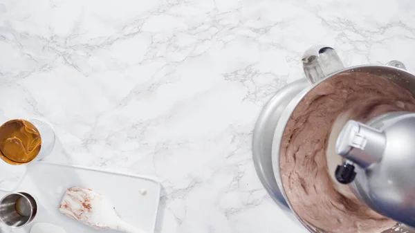 평평하게 차근차근 믹서에 집에서 초콜릿 아이스크림을 준비하는 — 스톡 사진