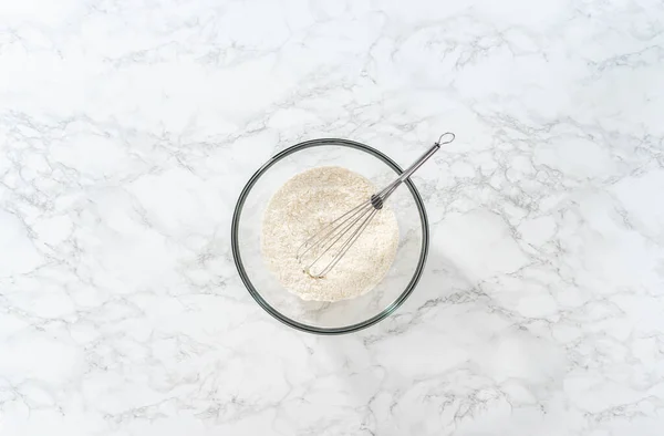 Flat Lay Mixing Dry Ingredients Hand Whisk Large Glass Mixing — Foto de Stock