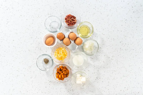 Flat Lay Measured Ingredients Glass Mixing Bowls Make Breakfast Empanadas — Stock Photo, Image