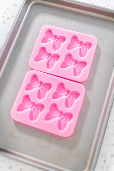 Flat Lay Filling Bow Silicone Chocolate Mold Melted Chocolate Make — Φωτογραφία Αρχείου
