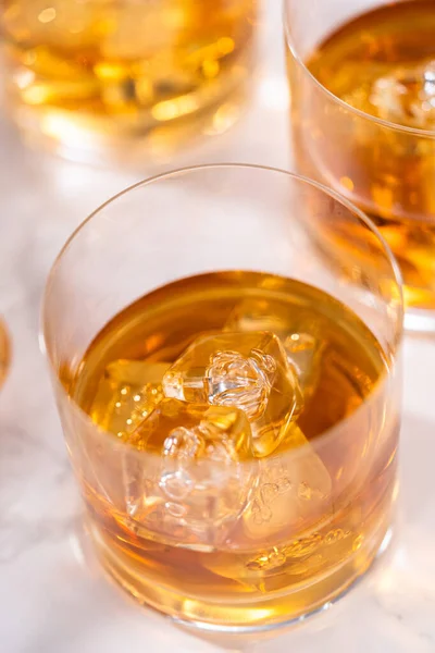 Scotch Rocks Whiskey Glass White Marble Surface — Stock Photo, Image