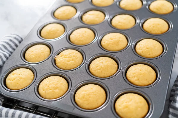 Enfriamiento Recién Horneado Mini Cupcakes Vainilla Mostrador Cocina — Foto de Stock