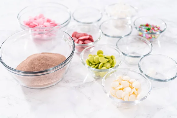 Uppmätta Ingredienser Skål Glas Blandning För Att Förbereda Varm Choklad — Stockfoto